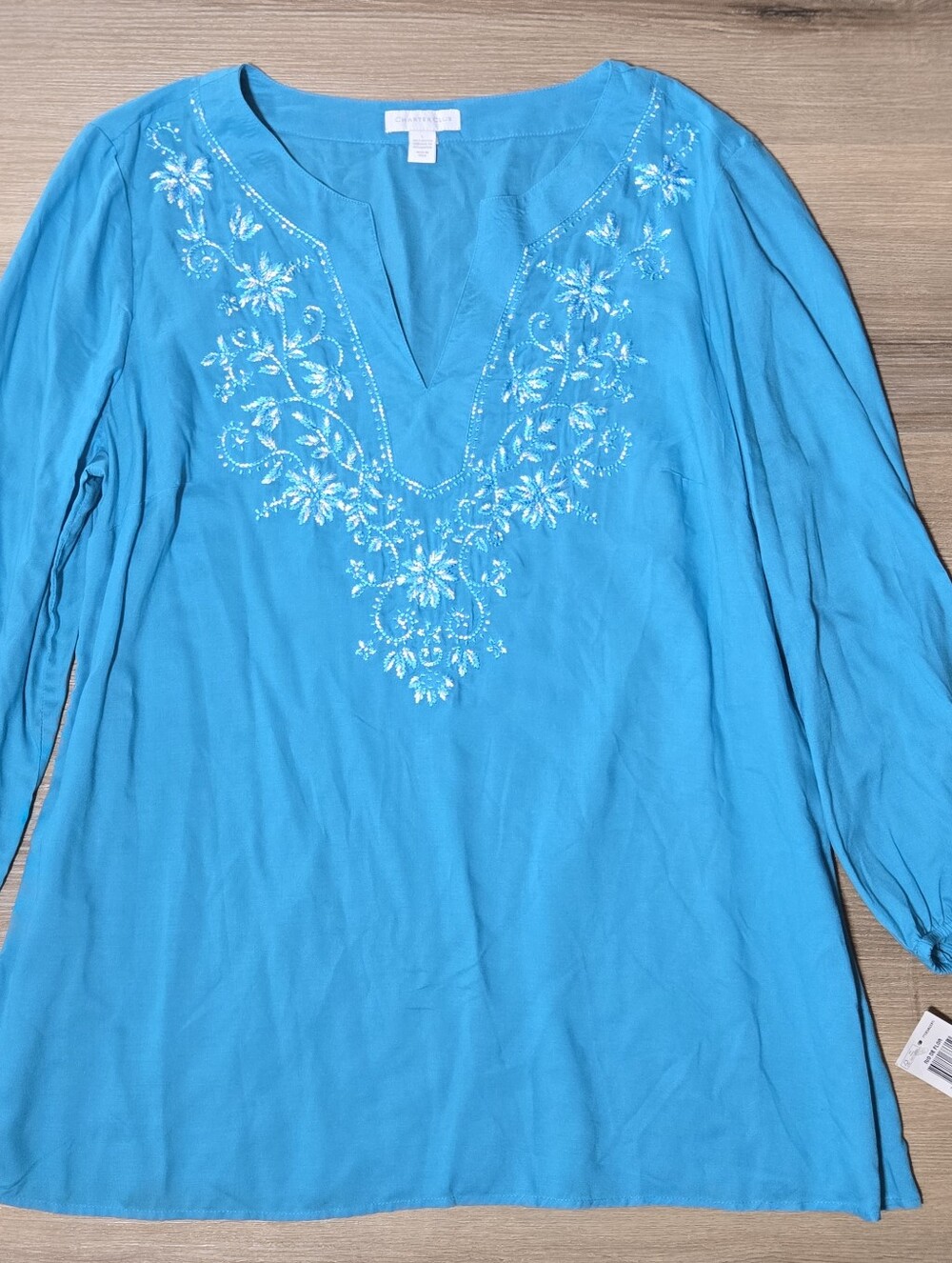 Charter Club Turquoise V-Neck Tunic with White Embroidery